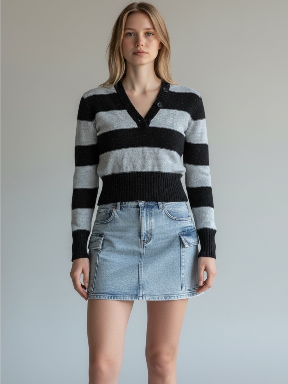 OP Black and Gray Striped V-Neck Buttoned Sweater